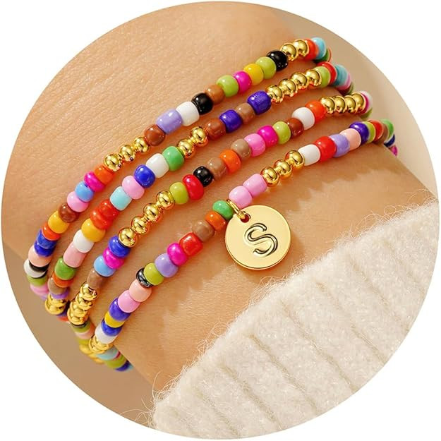 Turandoss 4PCS Colorful Beaded Initial Bracelets for Women Teen Girls - Cute Stretch Beaded Bohem... | Amazon (US)