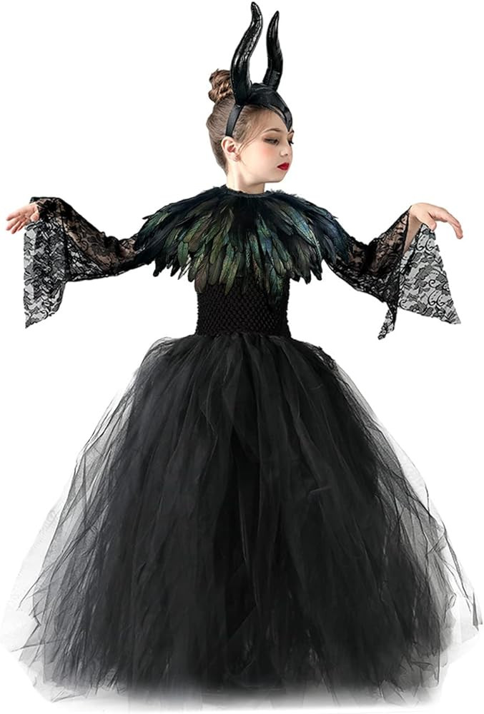 L'VOW Flower Girls Dress Princess Lace Tutu Tulle Dresses for Halloween with Maleficent Horns Fea... | Amazon (US)