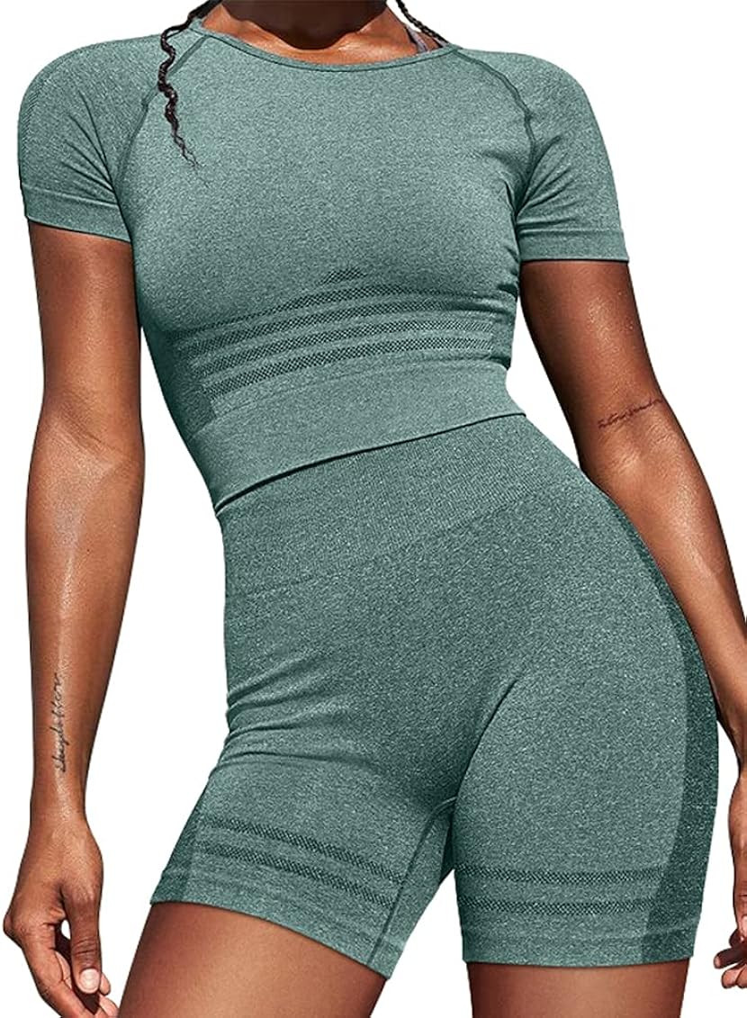 OQQ Women's Seamless 2 Piece Athletic Outfit Workout High Waist Shorts with Crop Top Running Set | Amazon (US)