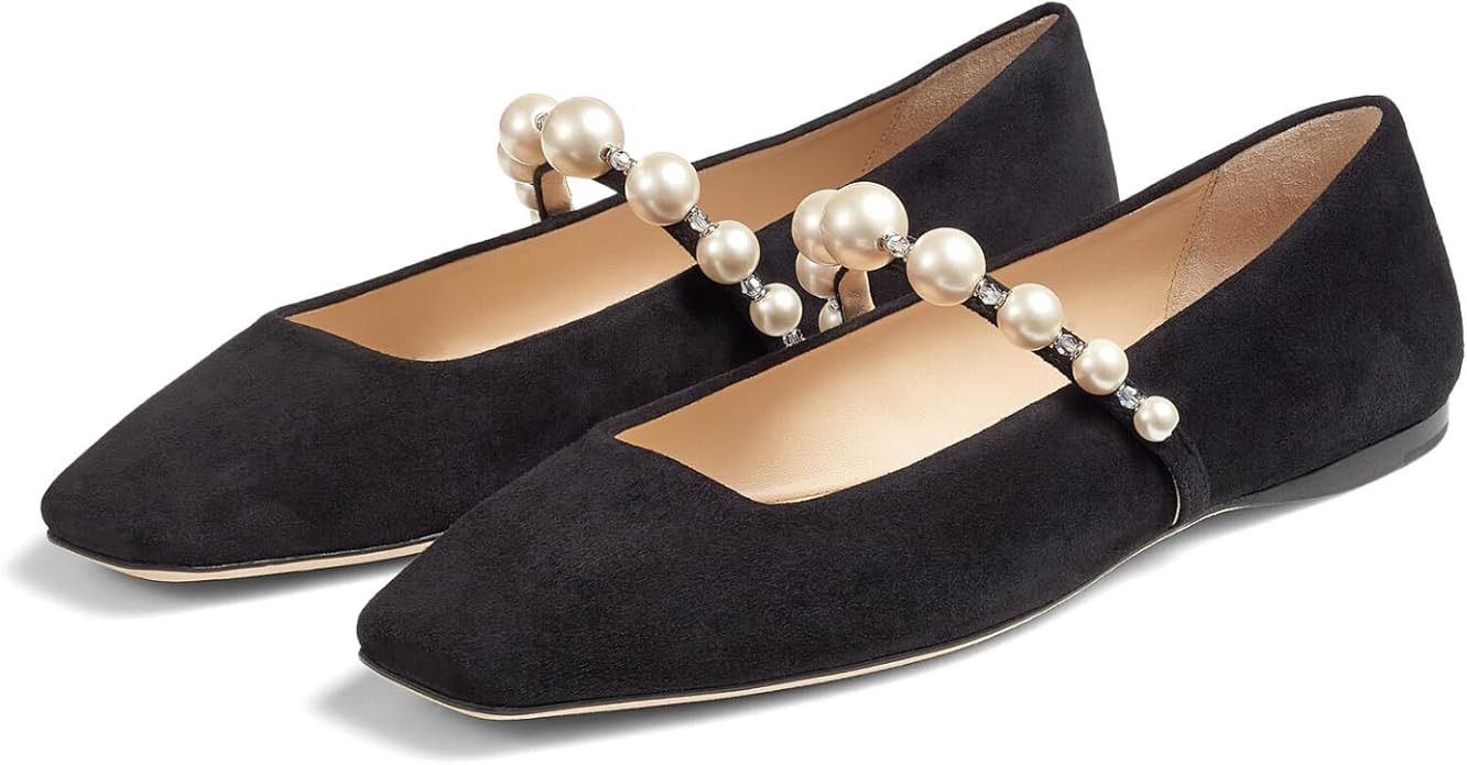 Flats for Women, Mary Jane Ballet Flats with Pearl Strap Square Toe Ballerina Walking Wedding Bri... | Amazon (US)