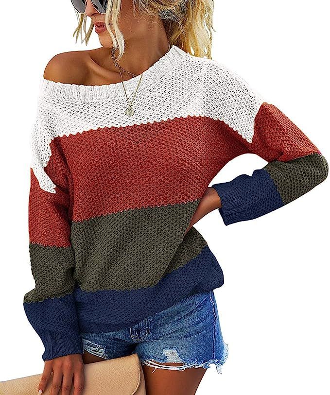 MEROKEETY Women's Crew Neck Long Sleeve Color Block Knit Sweater Casual Pullover Jumper Tops | Amazon (US)