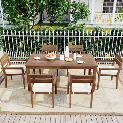 Acacia Wood Outdoor Dining Set With Cushions,Modern 6 Chairs And 1 Large Table, Dining Furniture Set For Lawn, Backyard, Garden Deck,Poolside | Wayfair North America