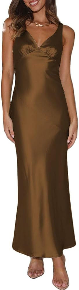 Womens Elegant Satin V Neck Backless Sleeveless Maxi Dress Silk Tie Low Back Formal Cocktail Dres... | Amazon (US)