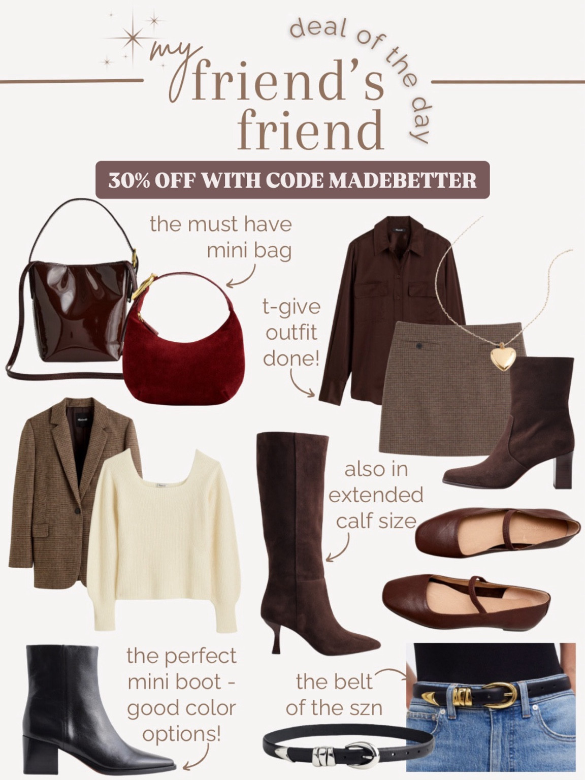 MFF madewell sale picks! spoiler alert: a lot of these are on gifts for her!🤎✨👯‍♀️ [sale ends 11/27/24]

the belt unfortunately isn’t included in the sale but such a GOOD one for under $100! deal of the day//ootd//gifts for her//holiday outfits