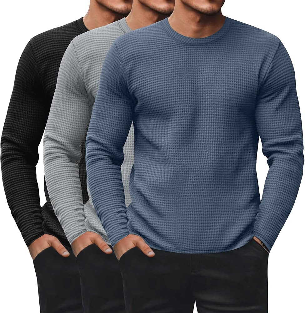 Ficerd 3 Pack Men's Waffle Long Sleeve Shirts, Crew Neck Thermal Underwear Tops Casual Pullover S... | Amazon (US)