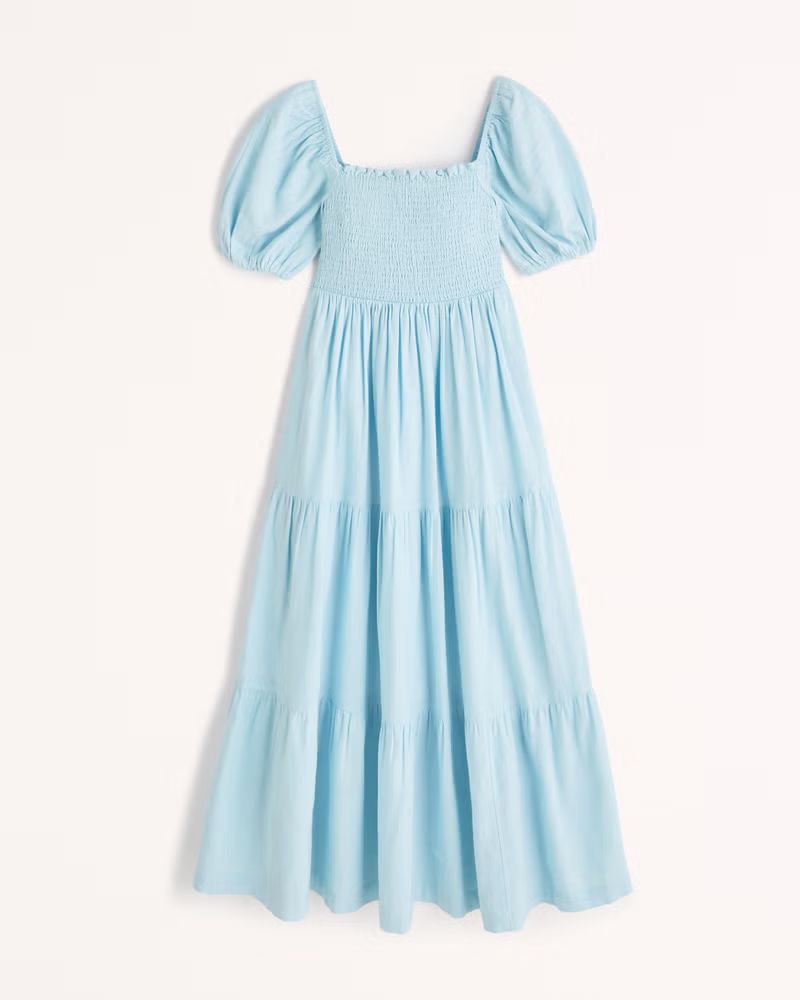 Smocked Bodice Linen-Blend Midi Dress | Abercrombie & Fitch (US)