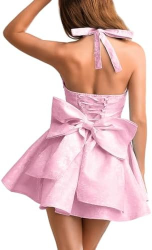 ShawGobow Jacquard Corset Dress,Deep V Halter Mini Dresses with Bow Back,Sexy Birthday Outfits Wo... | Amazon (US)