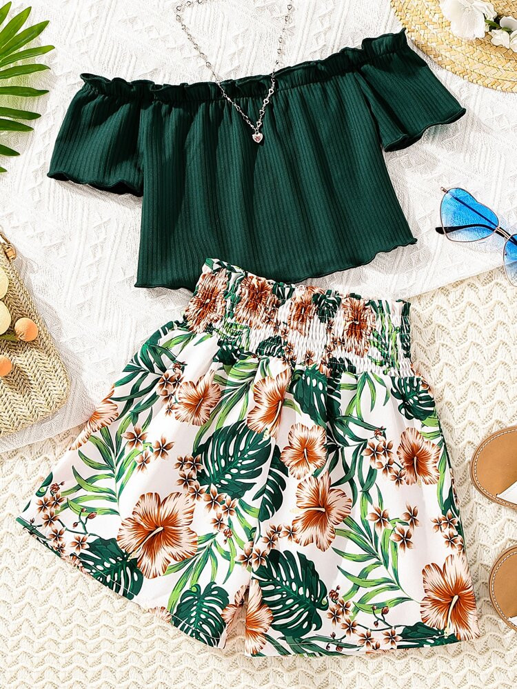 Girls Off Shoulder Top & Tropical Print Paperbag Waist Shorts | SHEIN