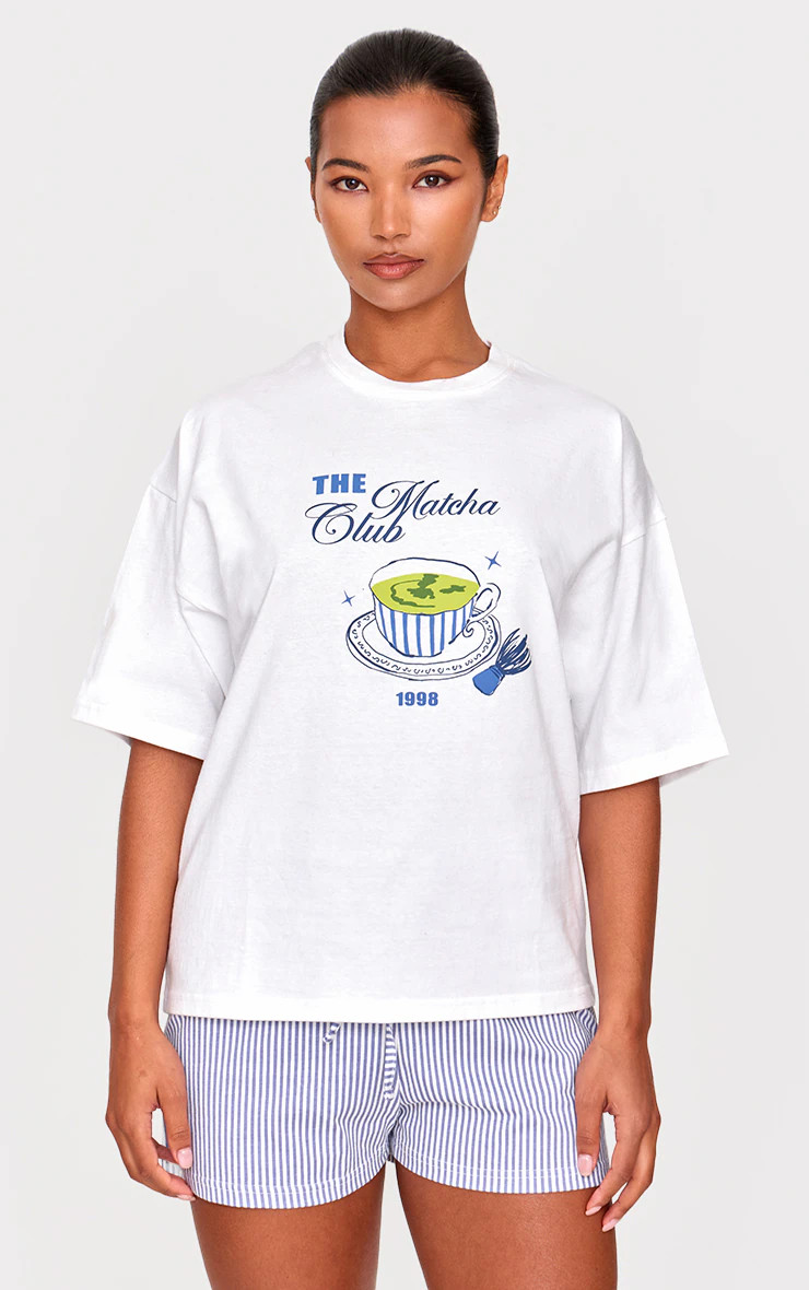 White Matcha Print Oversized Tee PJ Set | PrettyLittleThing US