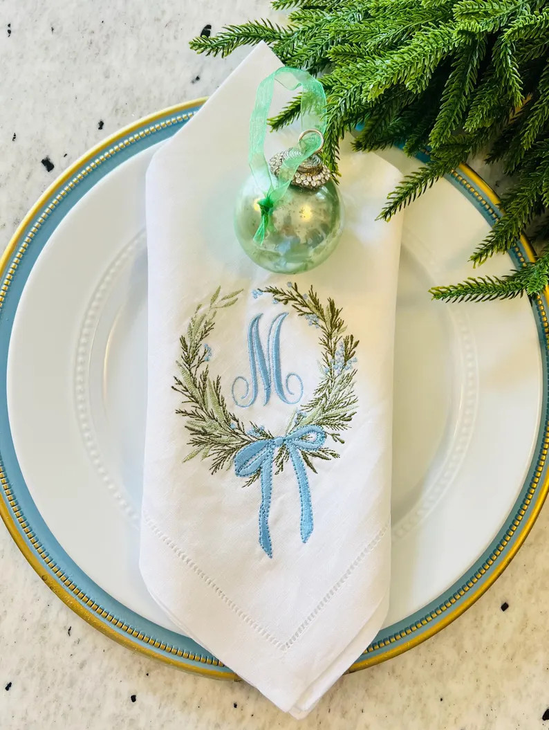 Christmas Wreath with Monogram Embroidered Dinner Napkin | Etsy (Global)