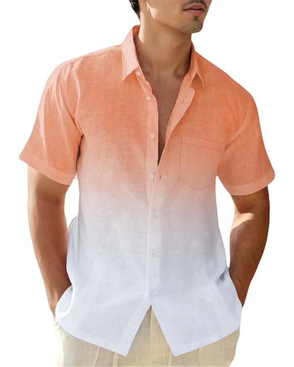 Mens Gradient Linen Shirts Short Sleeve Button Down Shirt Hawaiian Summer Beach Casual T Shirts f... | Amazon (US)