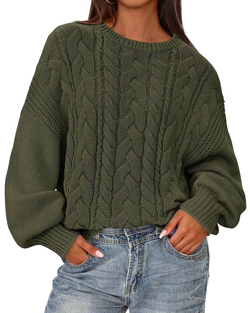 BTFBM Fall Sweaters for Women 2025 Cable Knit Sweater Crew Neck Long Lantern Sleeve Loose Chunky ... | Amazon (US)