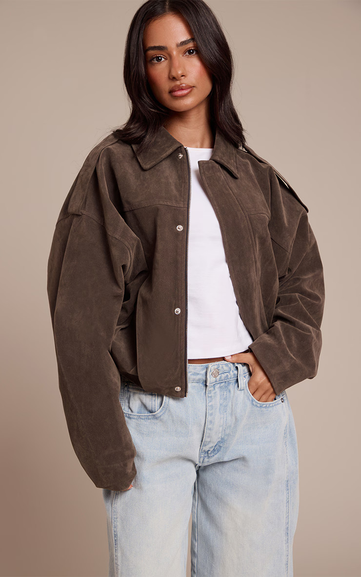 Petite Khaki Faux Suede Oversized Zip Up Jacket | Petite | PrettyLittleThing US