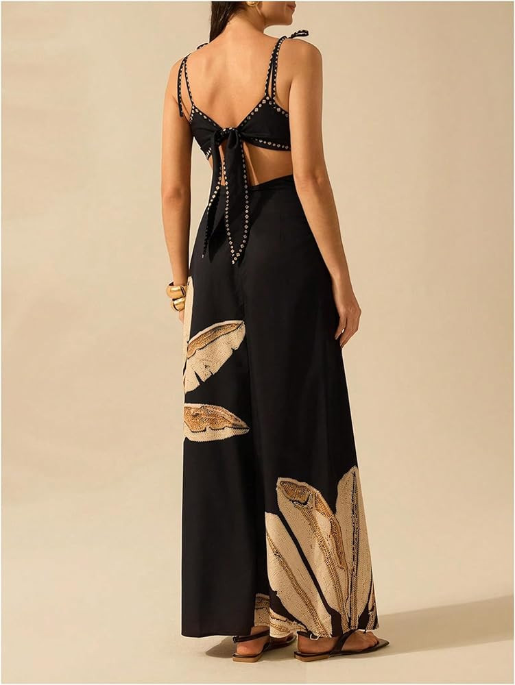 SOLY HUX Women's Summer Maxi Dress Boho Print Tie Shoulder Spaghetti Strap Cut Out Tie Back Cami ... | Amazon (US)