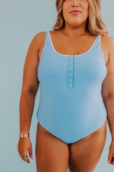 button front one piece in cotton candy blue! 💙 wearing size large in suit and runs TTS! 

#LTKunder100 #LTKcurves #LTKswim