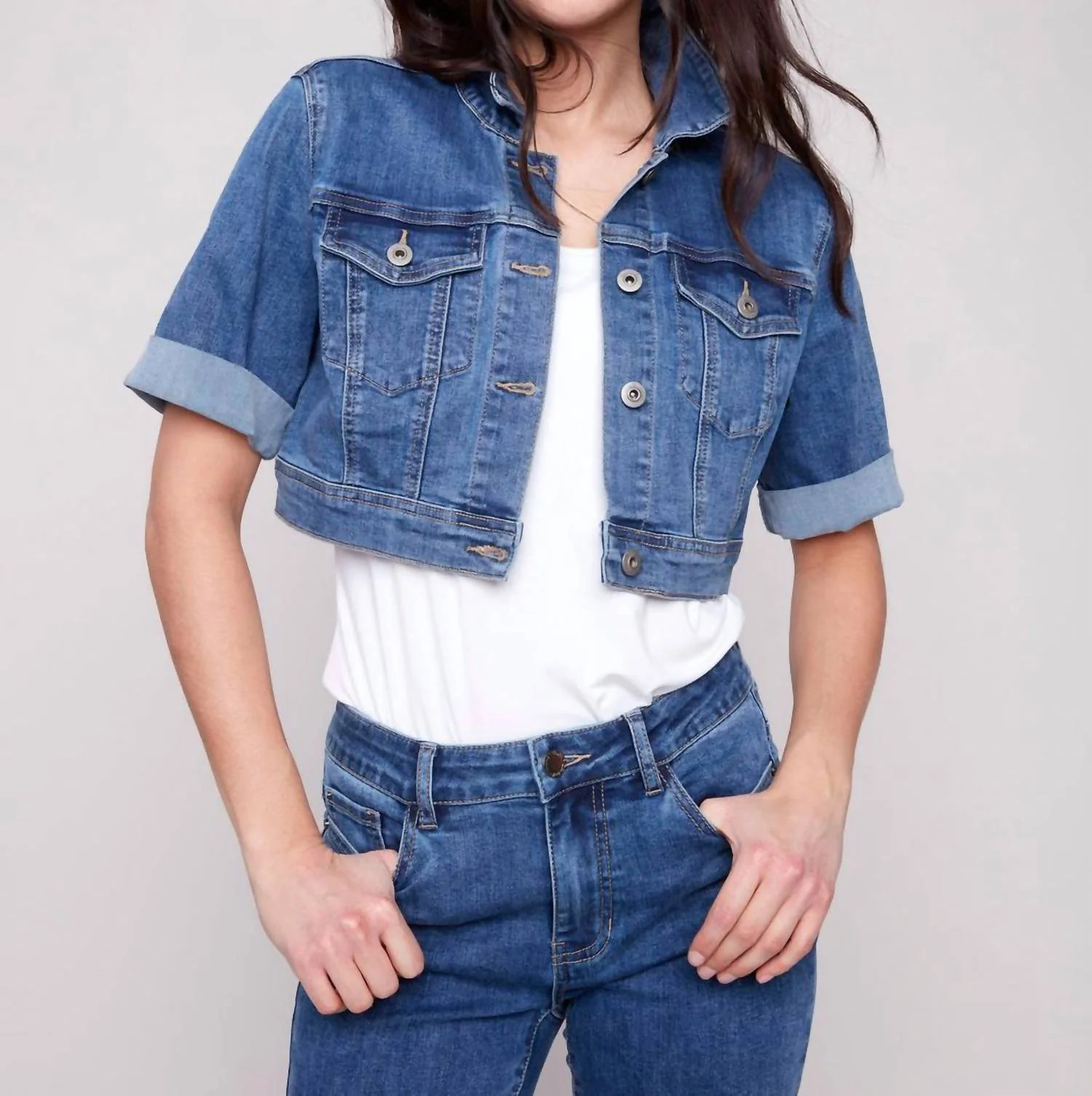 Cropped Denim Jacket In Medium Blue | Shop Simon