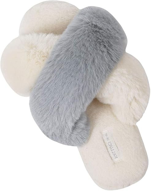 HALLUCI Women's Cross Band Soft Plush Fleece House Indoor or Outdoor Slippers | Amazon (US)