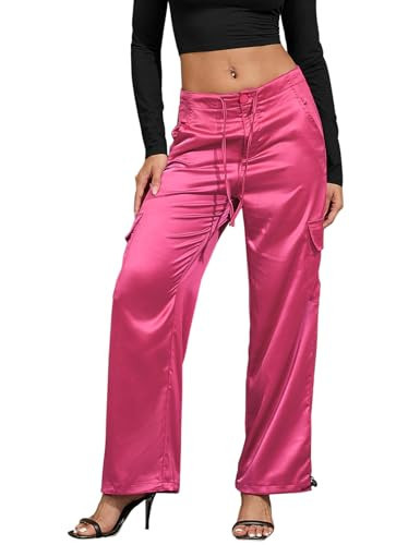 Perfashion Satin Pants Women Pink Cargo Pant Silk Wide Leg Straight Dressy Trousers Going Out Concert Outfits M | Amazon (US)