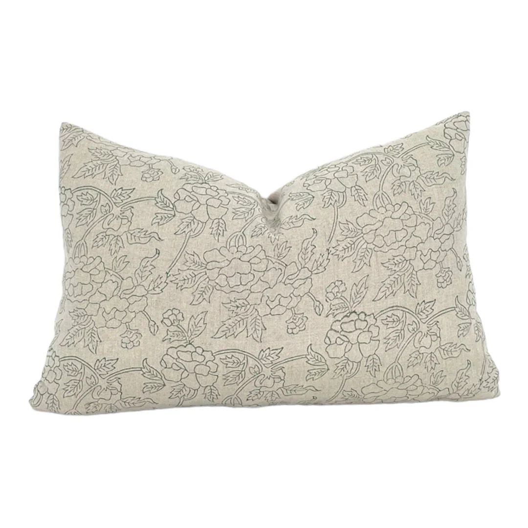 Designer Marceline in Olive Linen Pillow Cover // Green Floral - Etsy | Etsy (US)