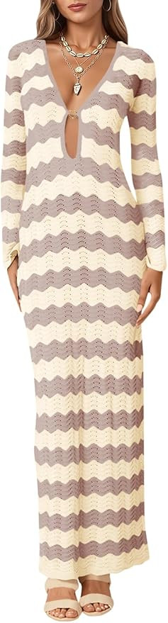 Saodimallsu Womens Crochet Summer Maxi Dress Striped Sexy Cut Out V Neck Long Sleeve Knit Cover U... | Amazon (US)
