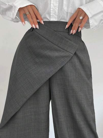 Siren Gaze Grey High-End Casual Office Commuter Versatile Diagonal Placket Design Loose Straight ... | SHEIN