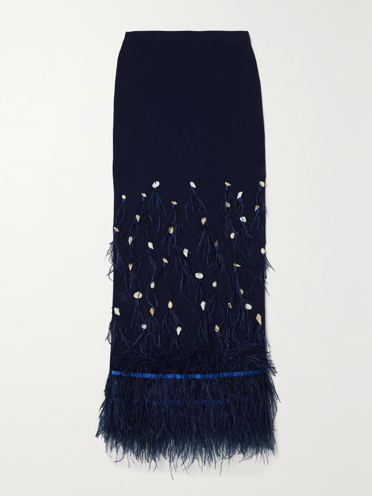 STAUD - Makayla Embellished Feather-trimmed Ribbed-knit Midi Skirt - Blue | NET-A-PORTER (US)