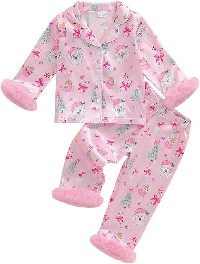 Kuriozud Kids Toddler Girl Satin Pajamas Fuzzy Trim Long Sleeve Button Down Shirt Top and Pants 2... | Amazon (US)