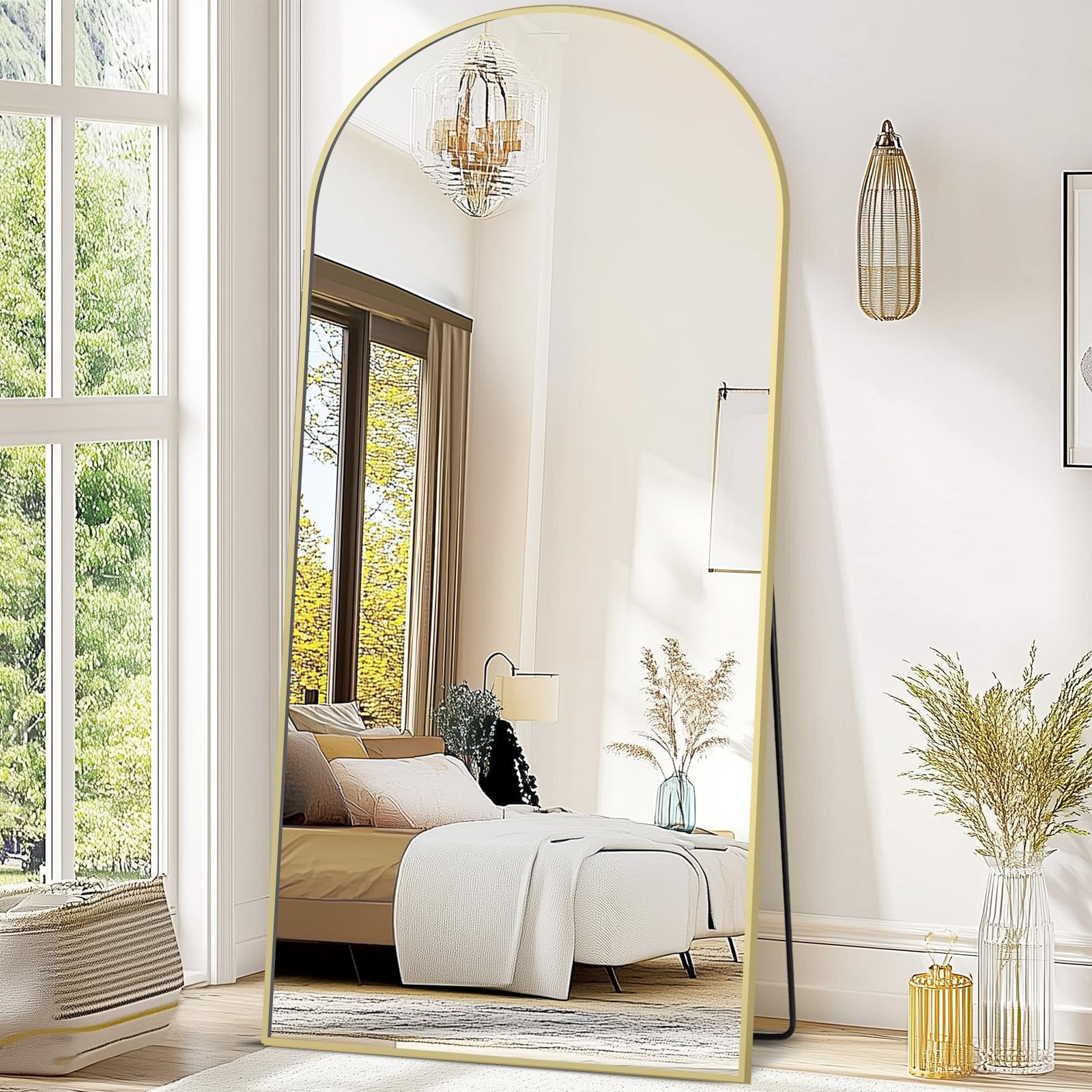 71"x30" Arched Mirror Full Length Large Mirror with Stand Aluminum Alloy Frame Floor Mirror for Living Room, Bedroom Hanging Standing or Leaning Wall-Mounted, Gold | Amazon (US)