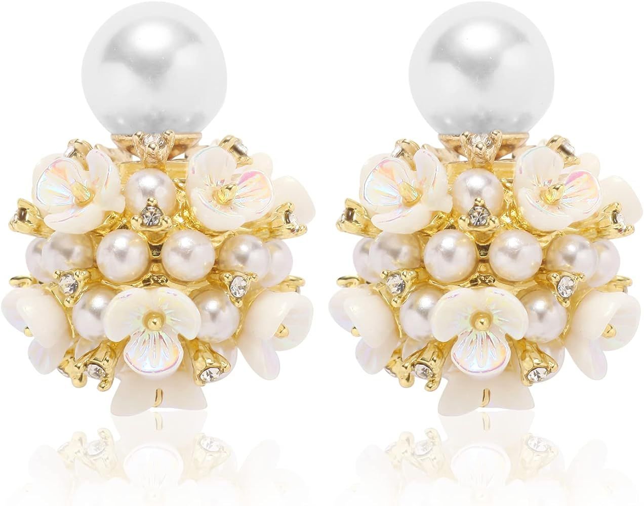 Numgug Shell Flower Pearl Earrings Ball Pearl Double Sided Stud Front Back Earrings for Women Gir... | Amazon (US)