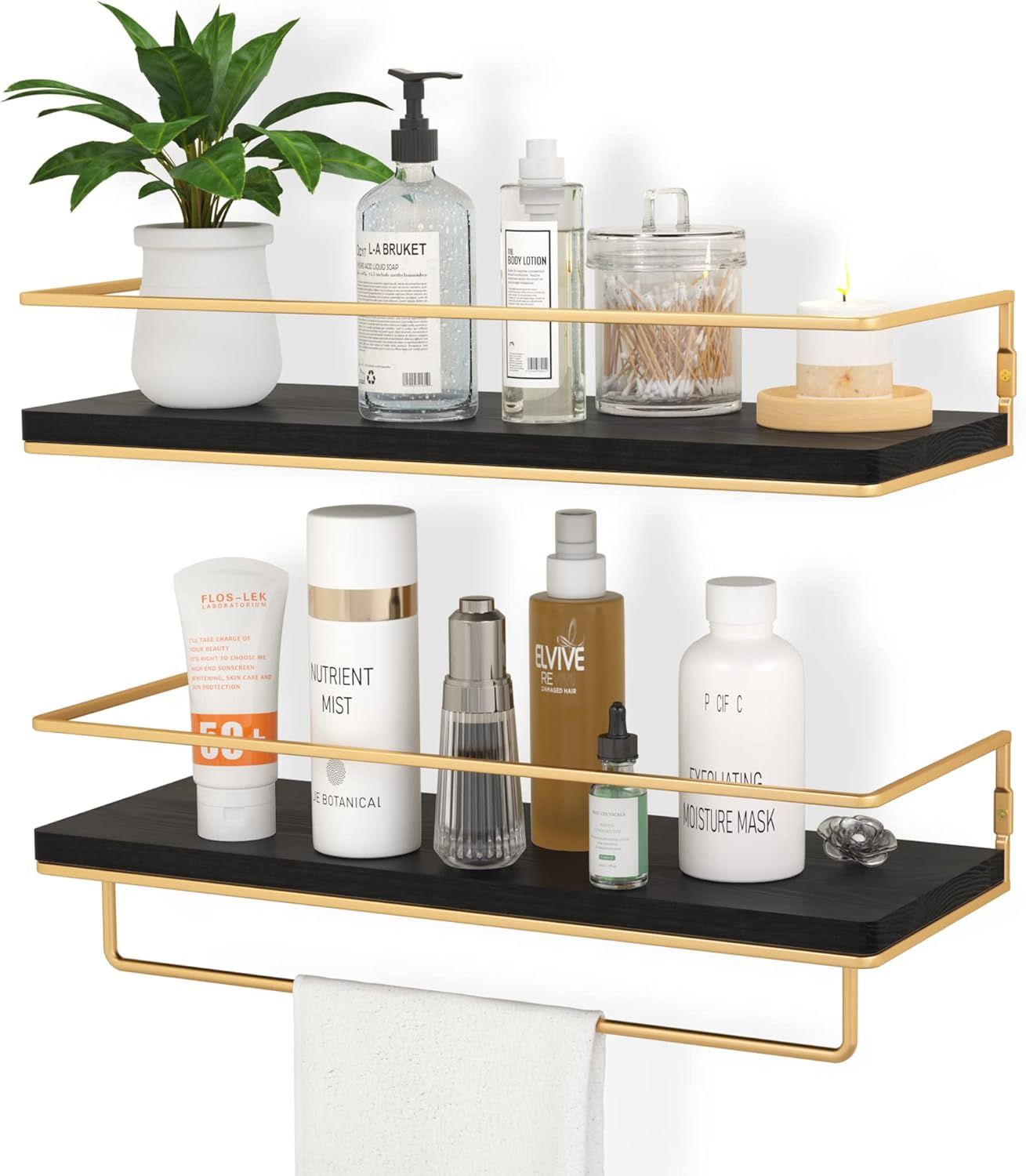 Amazon.com: ZGO Floating Shelves Black, Wall Mounted Storage Shelves with Golden Towel Rack for B... | Amazon (US)