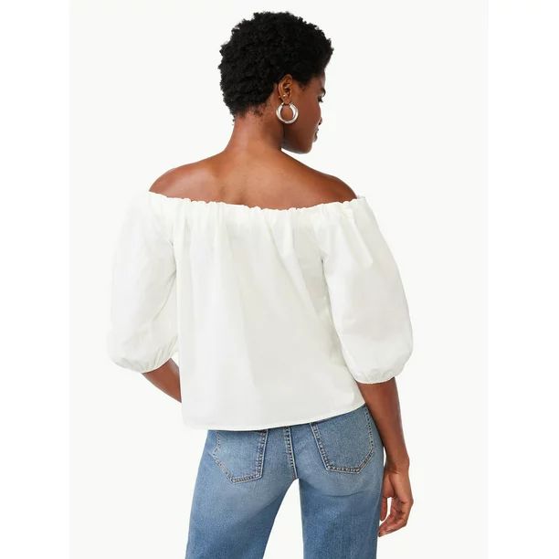 Scoop Women's Off The Shoulder Poplin Top with Puff Sleeves, Sizes XS-XXL | Walmart (US)