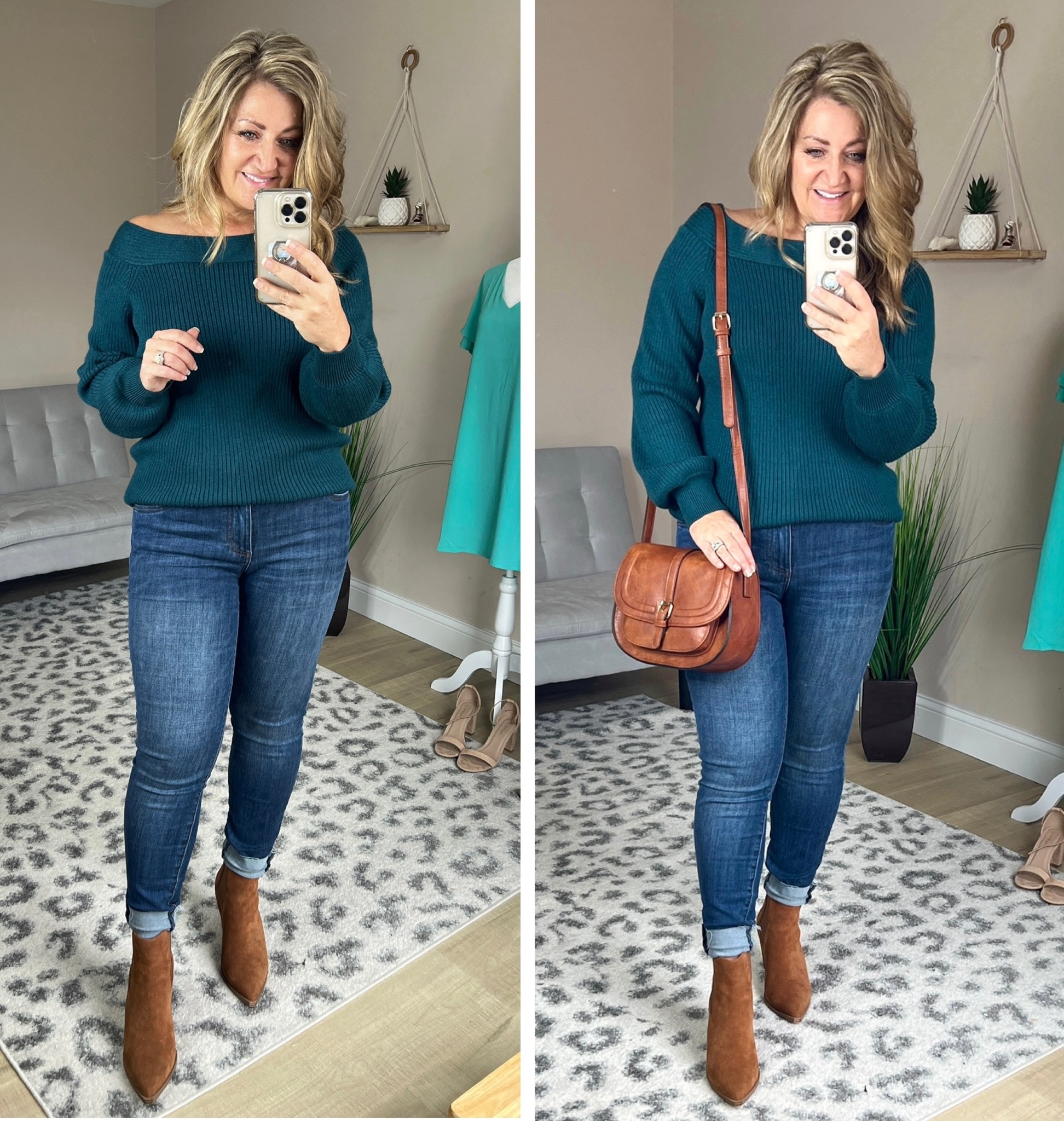 Wide crew neck sweater with lantern sleeves. Size up if between sizes. I'm 8-10 and in a large. Low heel ankle boots in cognac are TTS. Handbag  is fantastic quality and so affordable!

#LTKcurves #LTKsalealert #LTKunder50