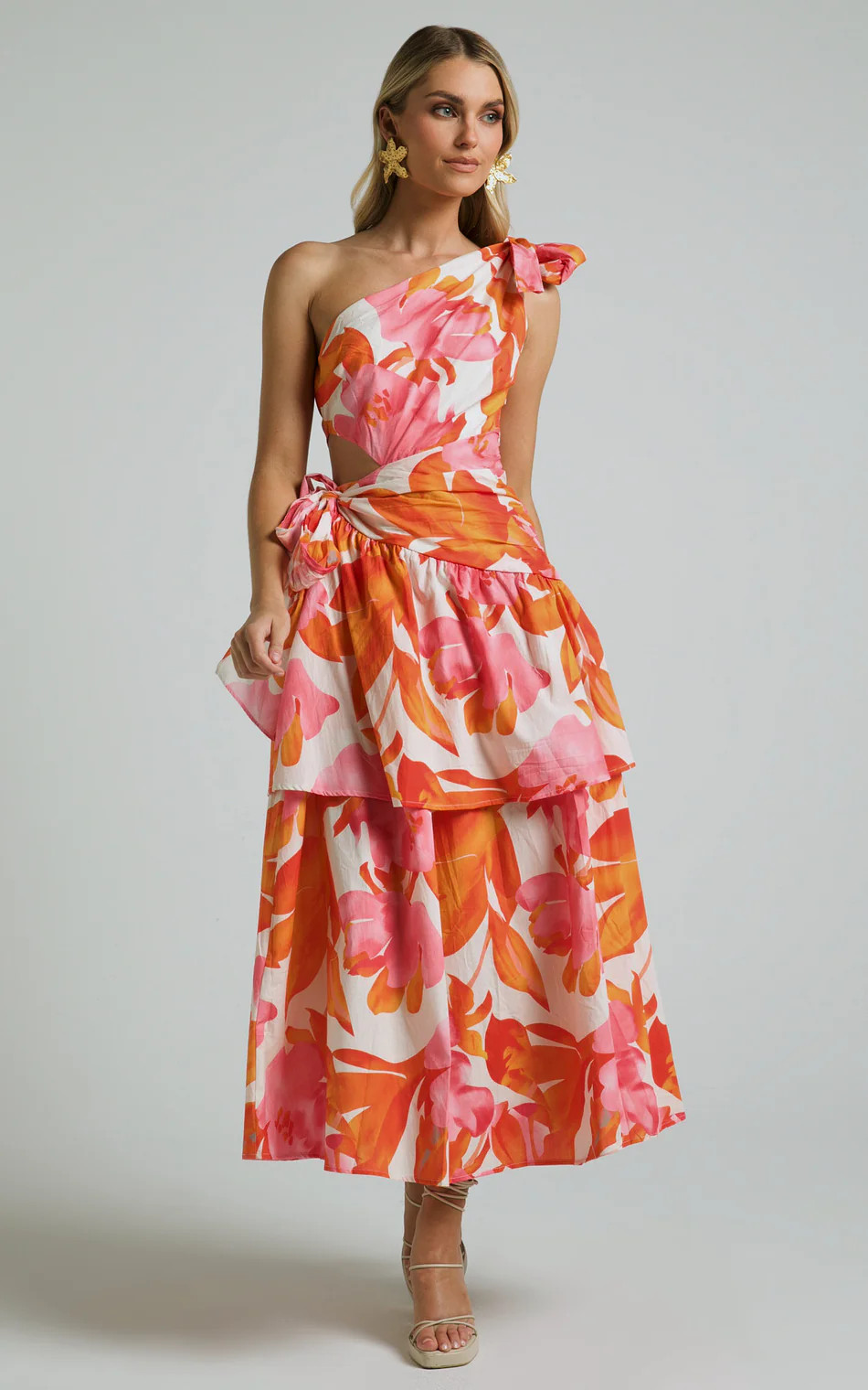 One Shoulder Tiered Dress in Orange Floral | Showpo (ANZ)