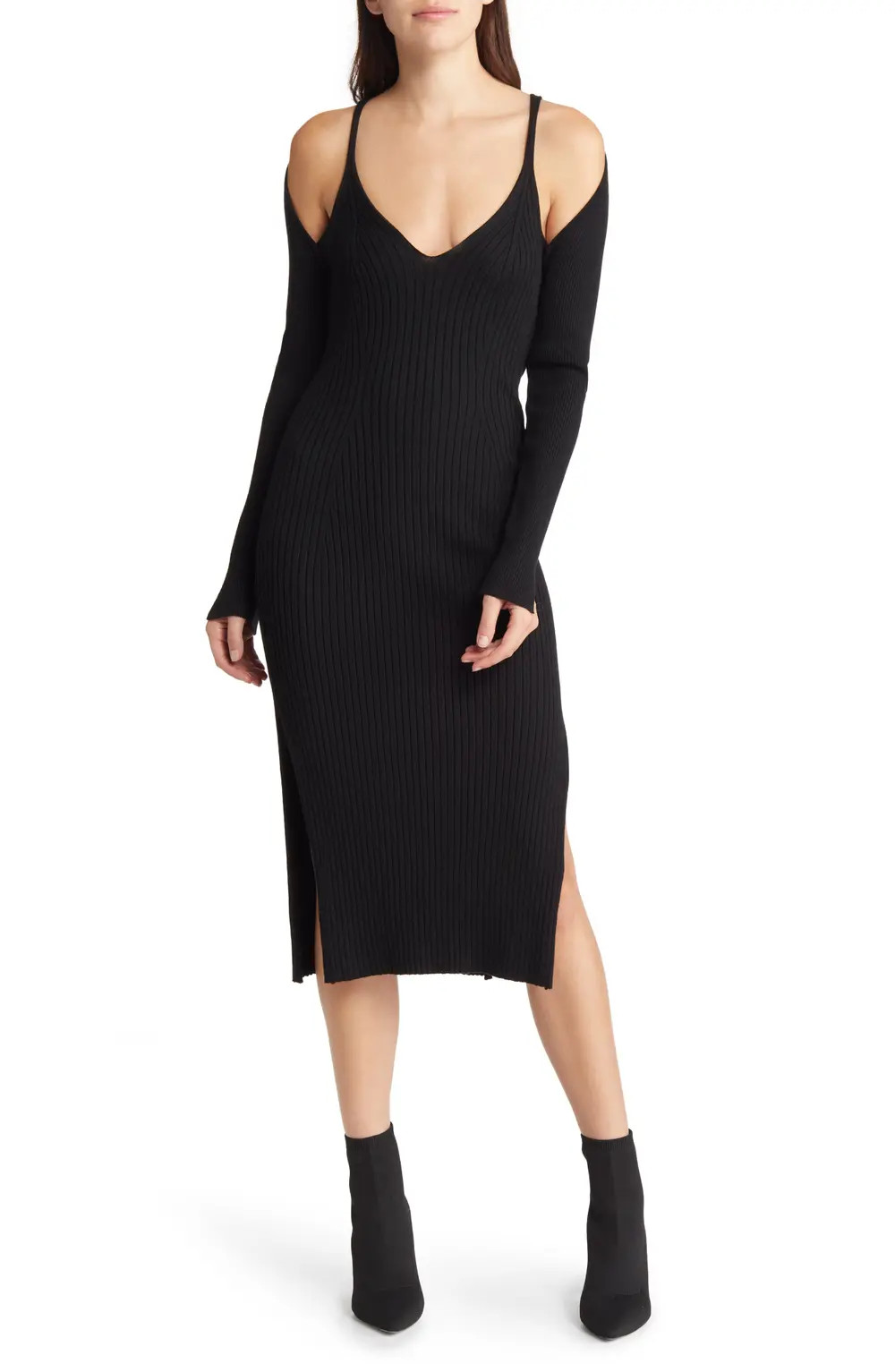 FLORET STUDIOS Cold Shoulder Long Sleeve Rib Sweater Dress, Size Small in Black at Nordstrom | Nordstrom Canada