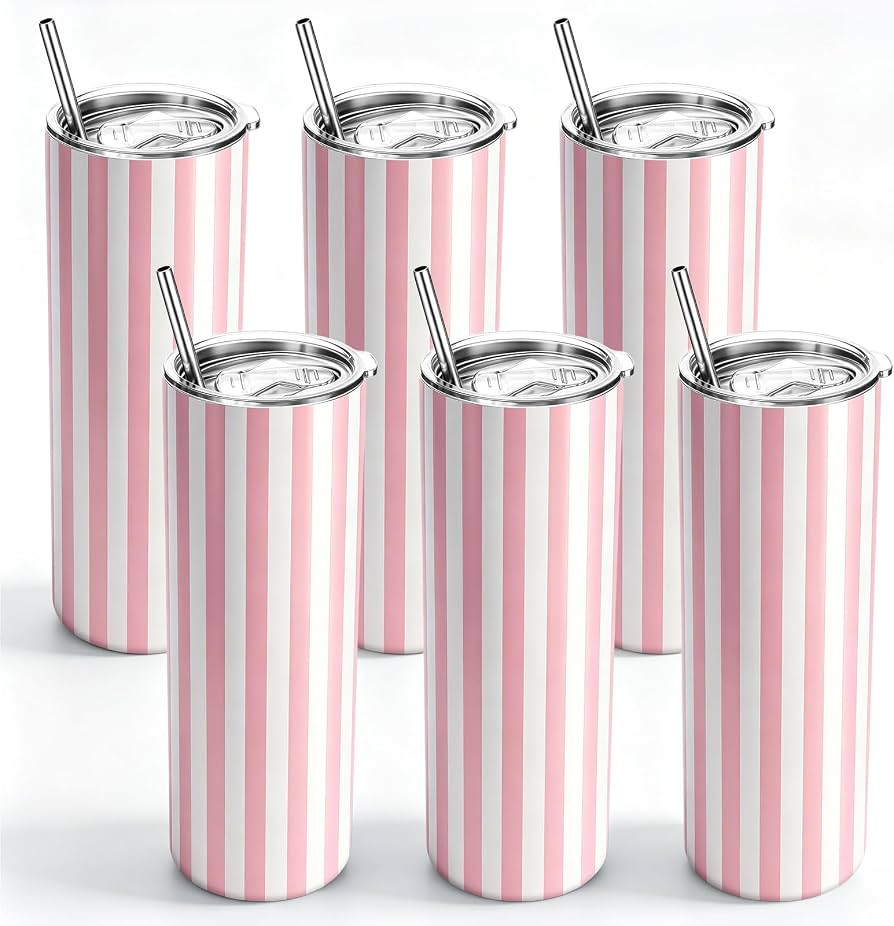 Sieral 6 Pack Beach Tumblers for Women Bulk, 20 oz Stainless Steel Striped Insulated Cups with Li... | Amazon (US)