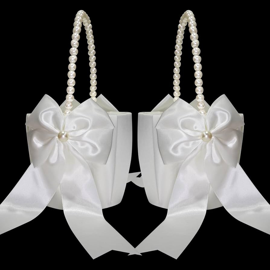 2PCS Wedding Flower Girl Baskets with Pearl Handle Bowknot Satin Flower Baskets for Wedding Cerem... | Amazon (US)