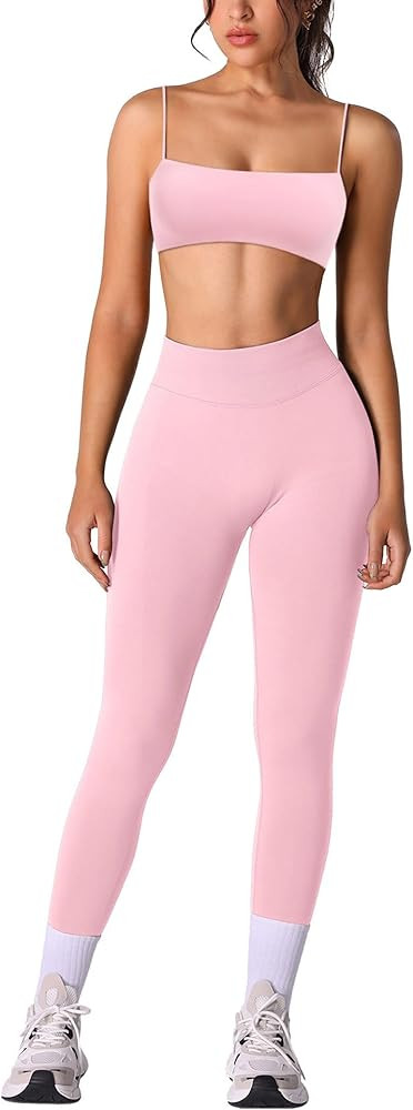 ABOCIW Workout Sets for Women 2 Piece Seamless Bandeau Strappy Sports Bra High Waist Leggings Yog... | Amazon (US)