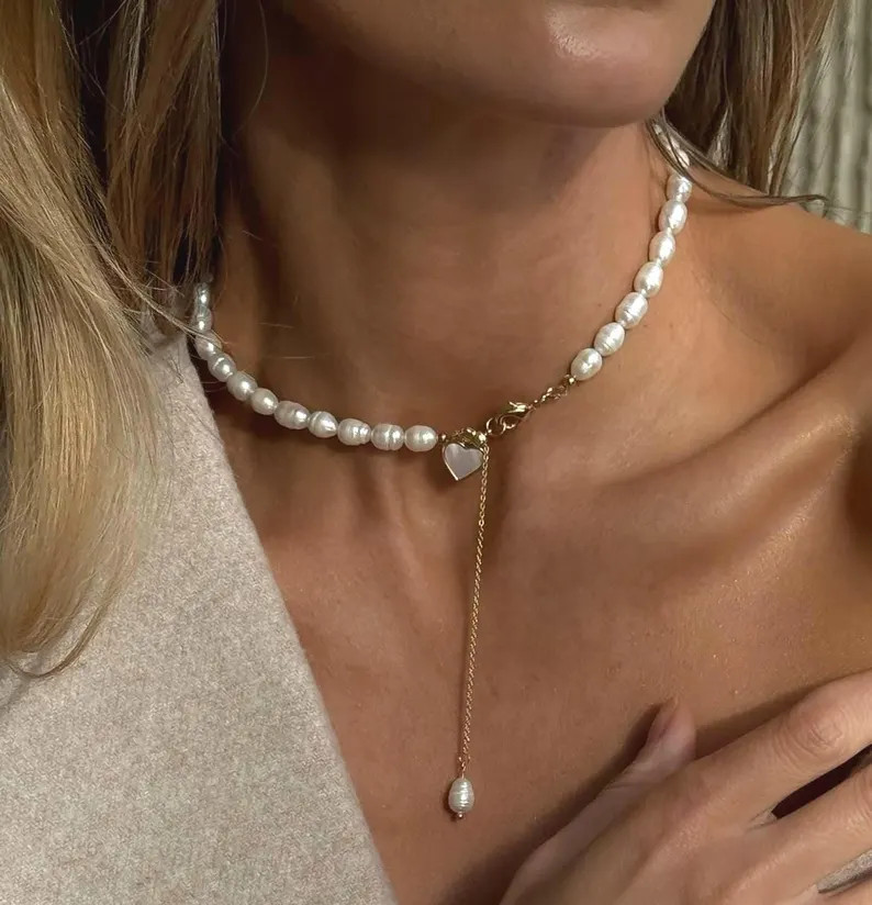 Real Pearl Necklace: Old Money Style Jewelry, Modern Heart Choker, Coquette Jewelry for Cocktail ... | Etsy (Global)