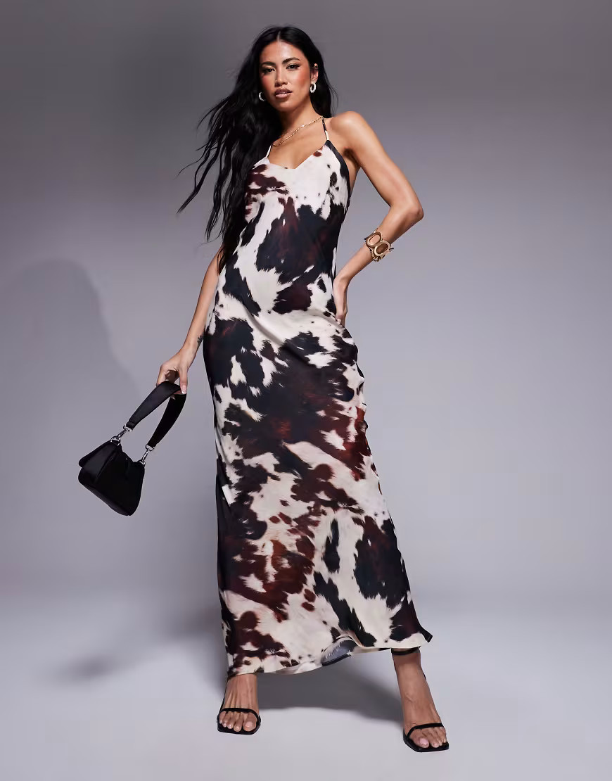 ASOS DESIGN satin V-neck strappy maxi dress in cow print in cow print-Multi | ASOS (Global)