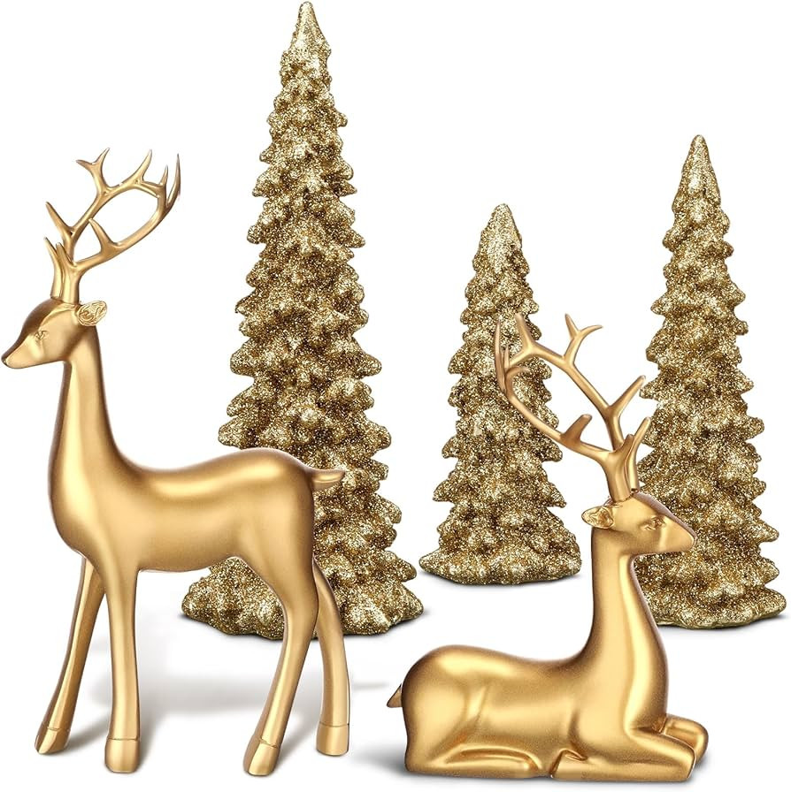 Pinkunn 5 Pcs Reindeer Christmas Decor and Trees Christmas Resin Sitting Standing Lucky Deer Rein... | Amazon (US)