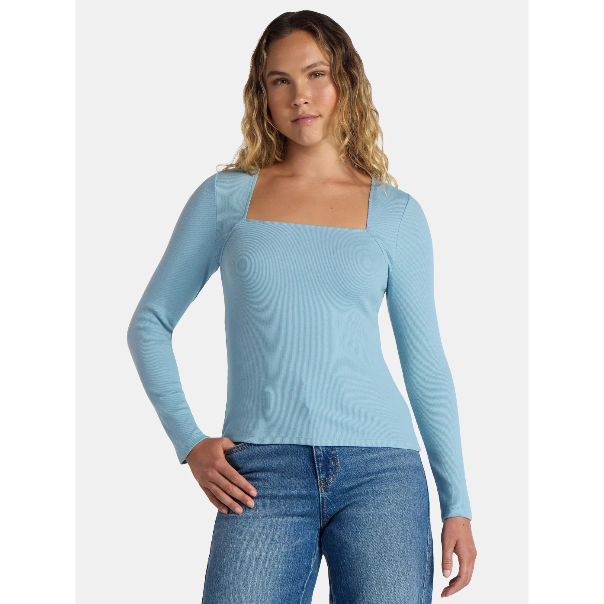 Time and Tru Women's Ribbed Square Neck Top, Size XS-3XL | Walmart (US)