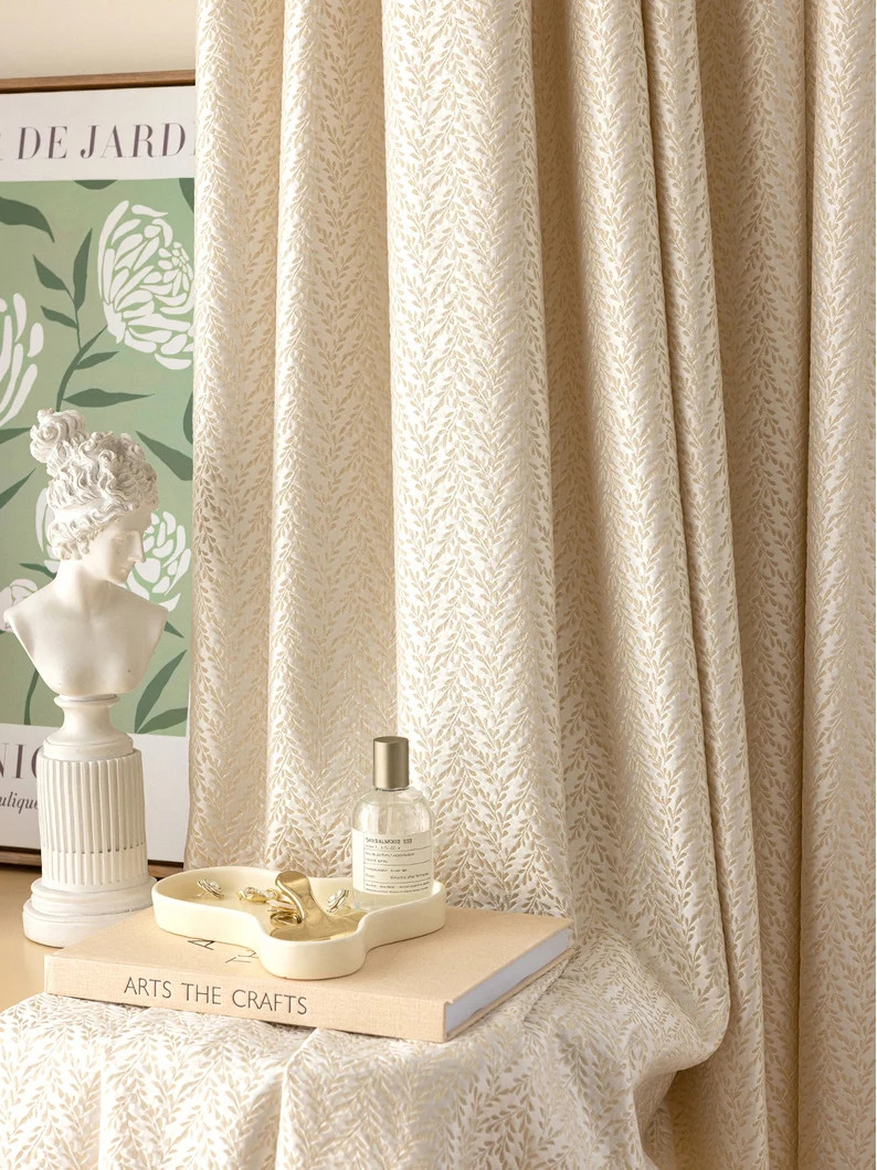 A Pair of Boho Plant Floral Beige/cream Jacquard Curtains - Etsy | Etsy (US)