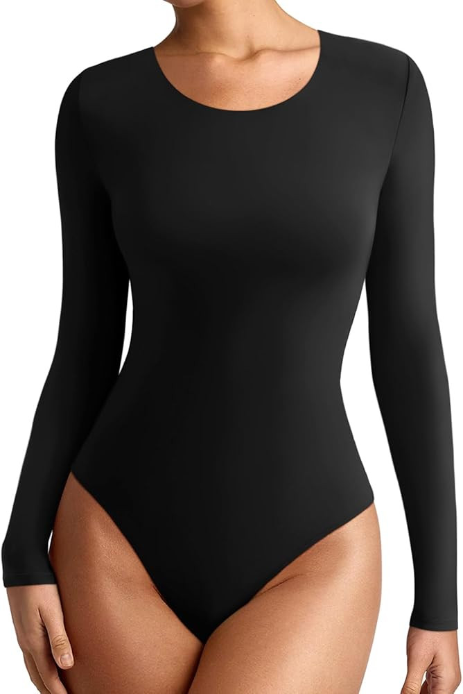 REORIA Womens Long Sleeve Bodysuits Fall Basic Round Neck Lightweight Double Lined Layering Slim ... | Amazon (US)