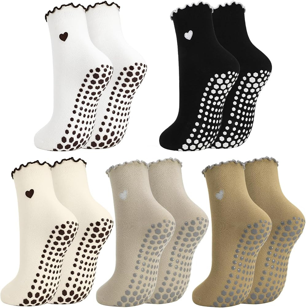 scenicamp Pilates Socks with Grips for Women, 5 Pairs Cute Heart Embroidered Ruffle Yoga Socks Non Slip Grippy Socks for Barre Workout, Cotton Frilly Crew Socks at Amazon Women\u2019s Clothing stores | Amazon (US)