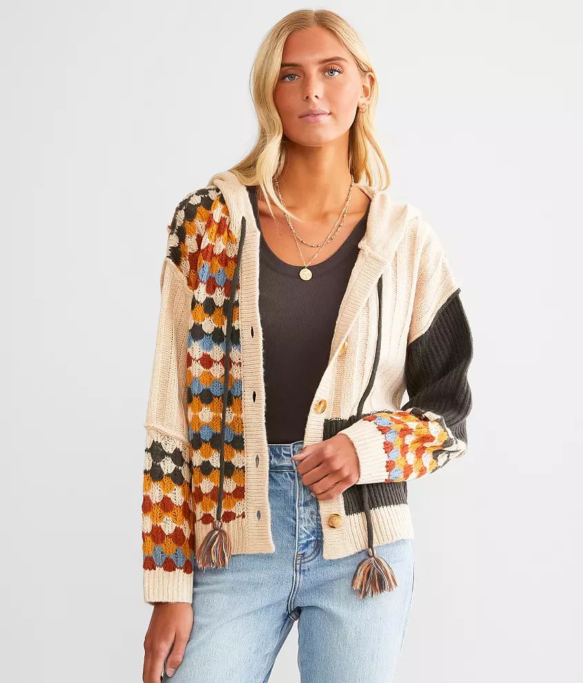 Mixed Print Hooded Cardigan Sweater | Buckle