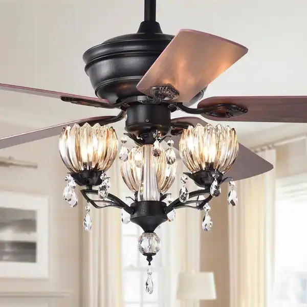 Garlow Matte Black 5-blade Lighted Ceiling Fan with Crystal Flower Cups Chandelier (includes Remo... | Bed Bath & Beyond