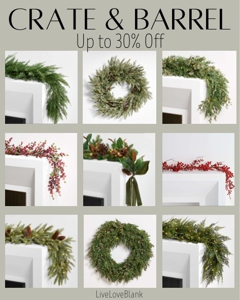 Crate and Barrel holiday decor save 30%!
Garland and wreaths 
Holiday home decor 

#LTKHoliday #LTKHome #LTKSaleAlert