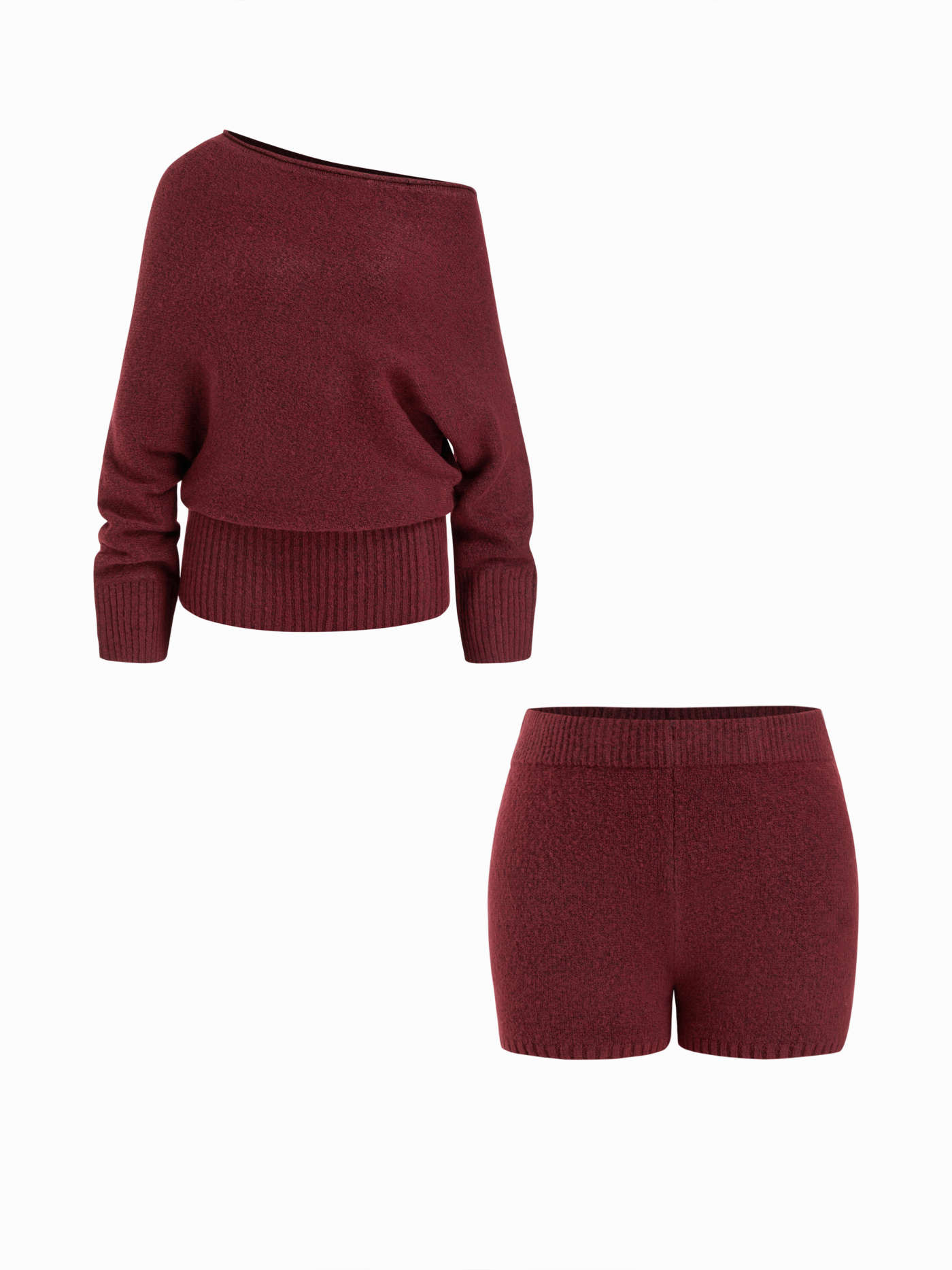 Knit Wool-blend Asymmetrical Neck Long Sleeve Sweater & Low Rise Shorts Set | Cider