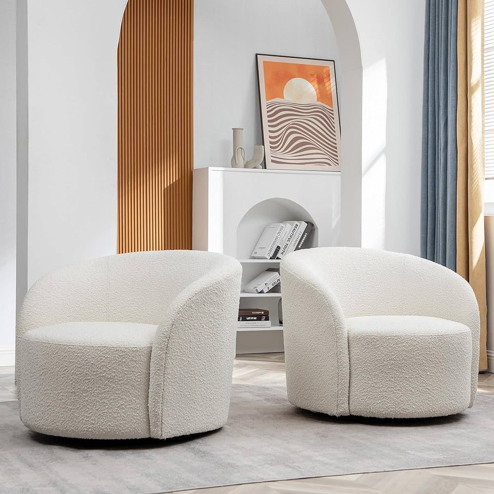 34" W Swivel Barrel Chair Set of 2, Mid Century Modern Round Upholstered Boucle Swivel Accent Chairs, No Assembly Sofa Chair for Living Room Bedroom Reading, Cream | Amazon (US)