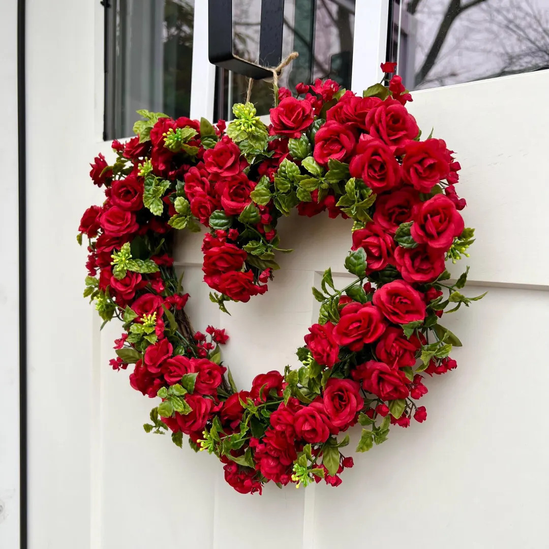 Valentine Heart Wreath for Front Door | Red Rose Heart Wreath | Romantic Valentine’s Day Decor ... | Etsy (US)